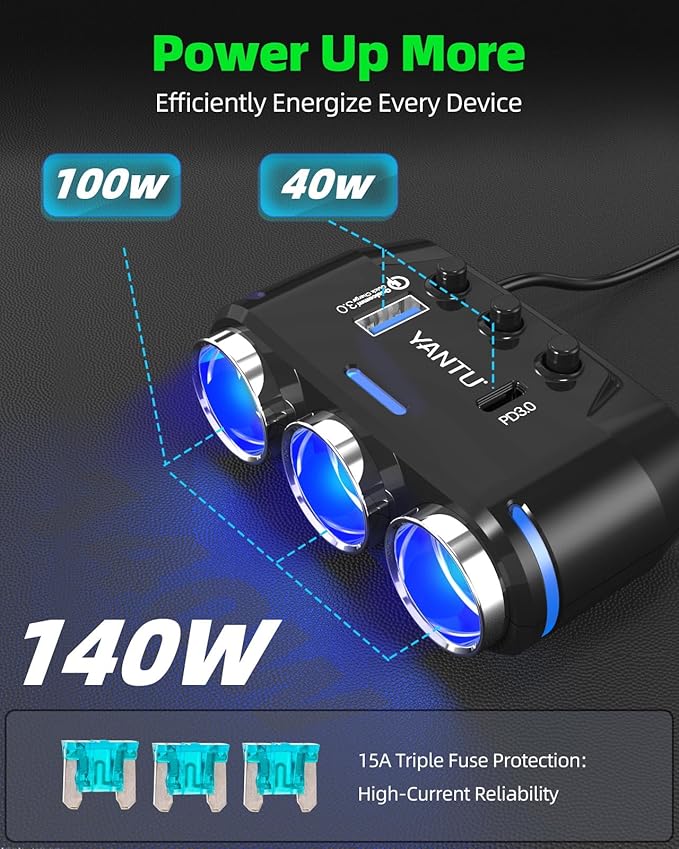 YANTU QC3.0&PD Cigarette Lighter Adapter, 3-Socket 140W Car Cigarette Lighter Splitter with 12v USB Outlet,Car Charger Adapter with Double/Dual/USB C Charger Multi Port/Plug Outlet for Car Devices
