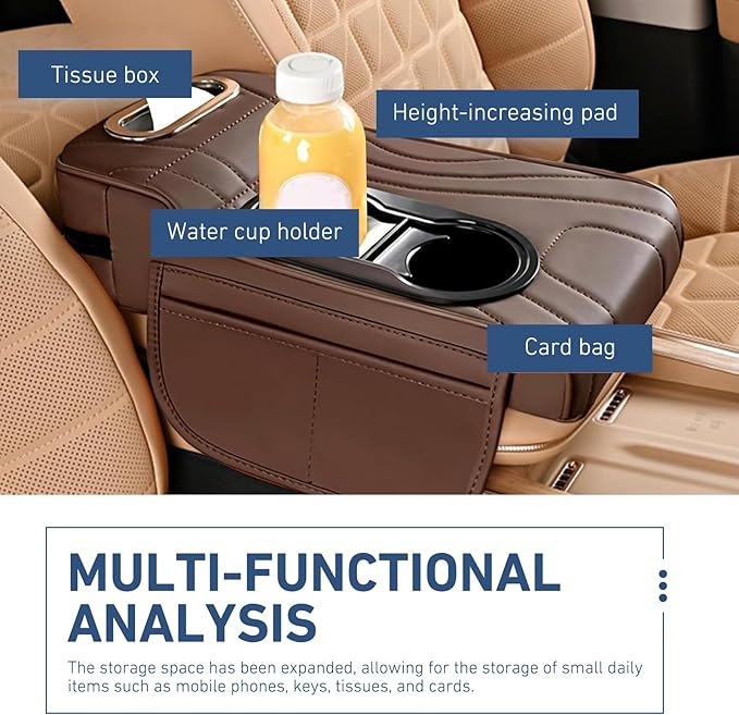 Car Armrest Cushion, Leather Center Console Cover Protector, Multifunctional Storage Pad with Dual Cup Holder, Tissue Box & Side Card Slot, Universal for Most Cars (Coffee)