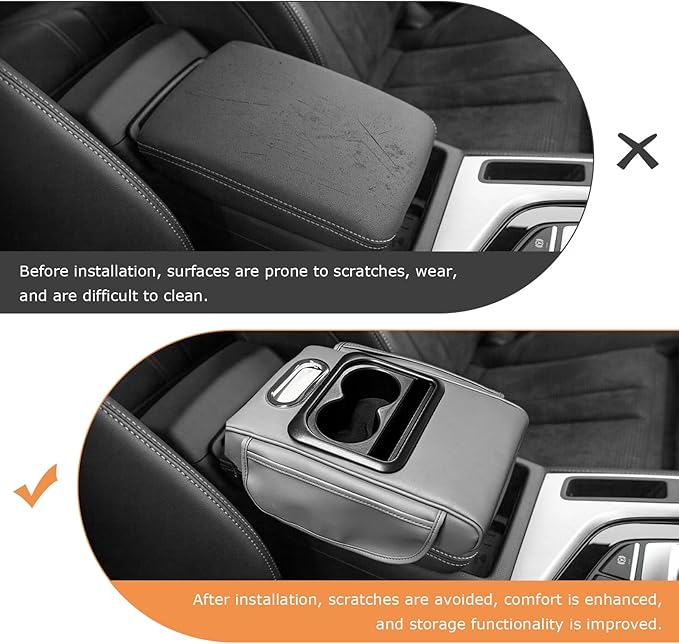 Car Center Console Armrest Pillow, 5-in-1 Armrest Cushion w/ 2 Side Bags, Tissue Box Slot, Cup & Phone Holder, Multifunctional Leather Auto Arm Rest Cover Storage Organizer (Gray, Normal)