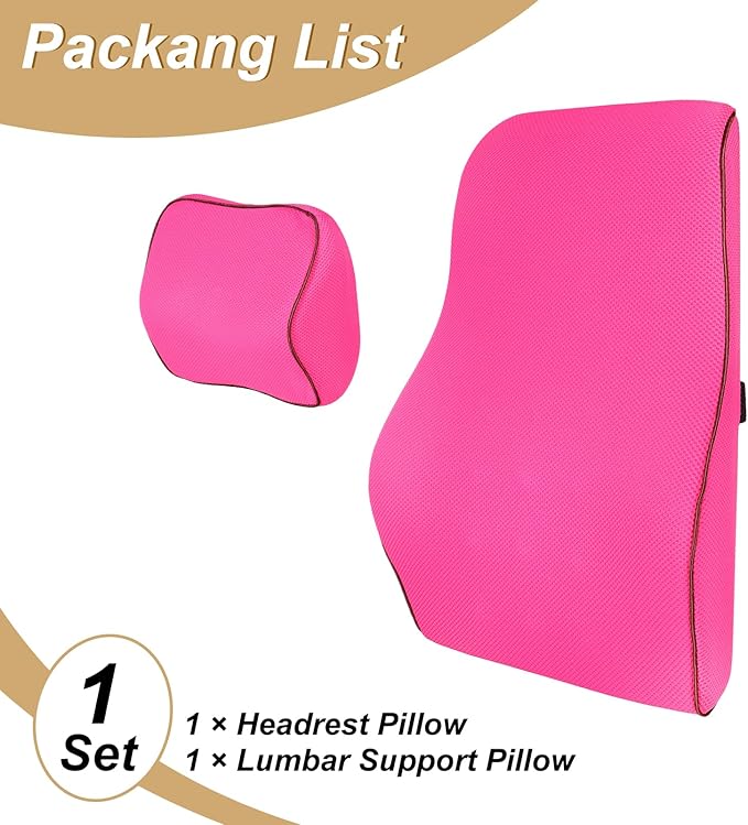 HARFINGTON Car Headrest & Lumbar Support Pillow Kit Memory Foam Ergonomic Seat Headrest & Lumbar Cushion for Driving Home Office Car Seat, Rose Red