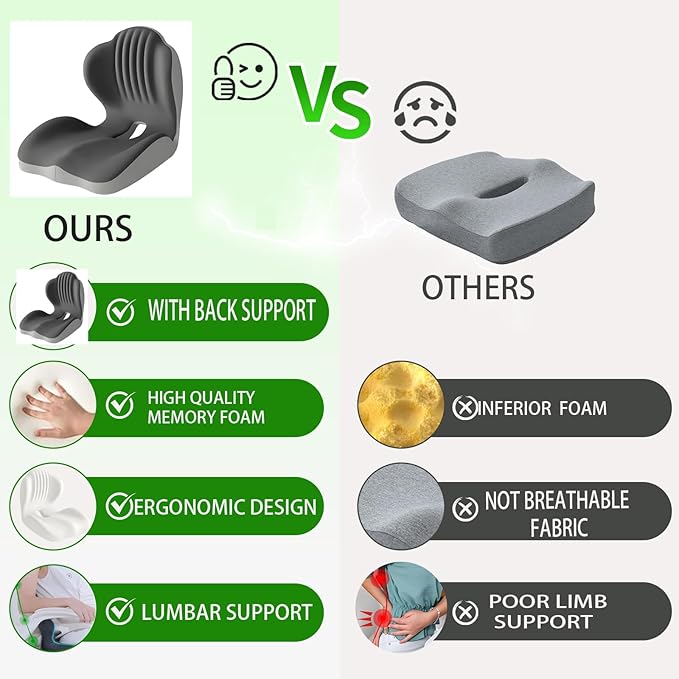 Seashell Memory Foam Truck Seat Cushion for Office Chair, Car Seat,Desk Chair,L-Shaped Back Support & Sciatica Relief & Tailbone & Coccyx Pain Relief for Long Sitting & Driving（Black&Grey