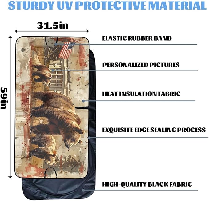Brown Bears Car Windshield Sunshades Wildlife Animals White House USA Flag Front Window Sun Shade Blocks UV Rays Sun Visor Protector for Car Sedan Truck SUV Accessories 59" L x 31.5" W