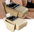 AHFBF Multifunctional Pu Leather Car Armrest Box Mat, Armrest Box Pad for Car, Leather Car Armrest Box Pad with Cup Holders, Car Armrest Box Mat, 5-in-1 Car Center Console Cover (Beige)