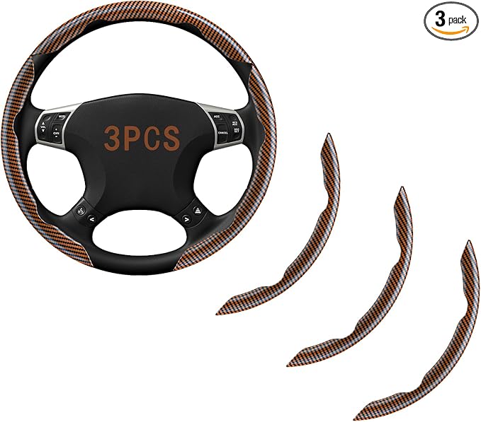 Steering Wheel Covers, 3PCs Carbon Fiber Anti-Skid Clip on Car Steering Wheel Cover Protector Universal for Most Car Wheel (Brown)