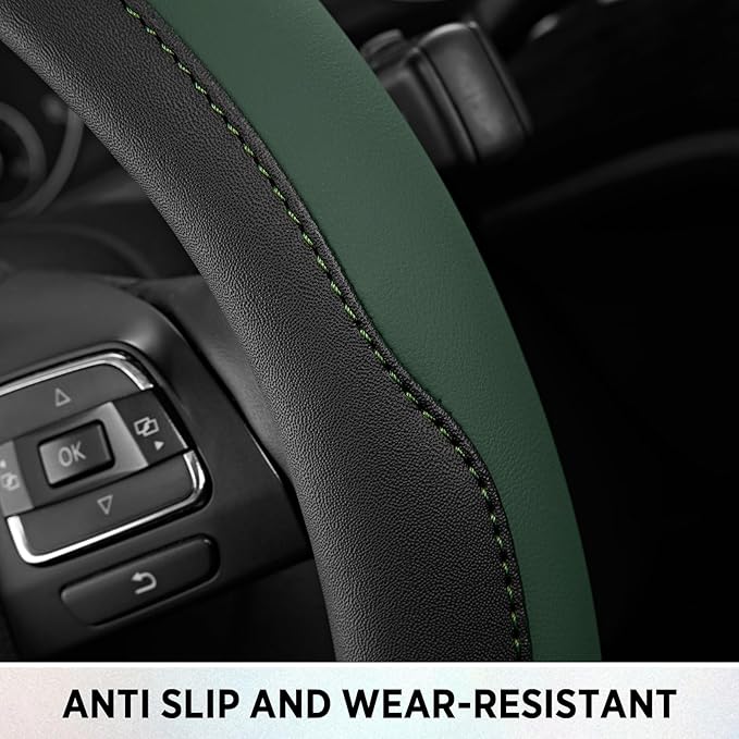 Road Comforts Steering Wheel Cover, Breathable Anti-Slip Leather Steering Wheel Cover, Universal Fit 14.5–15 Inch, Comfortable Grip - Green Color
