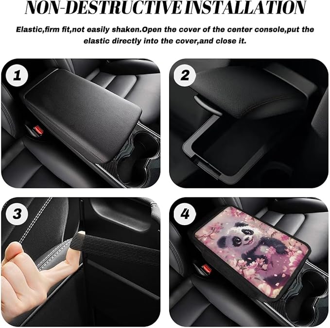 BIGCARJOB Cute Panda Armrest Cover wor Cars Pink Middle Console Cover Armrest Pad with Pocket Automotive Armrest Cover Cushion with Side Pockets,Universal Fit