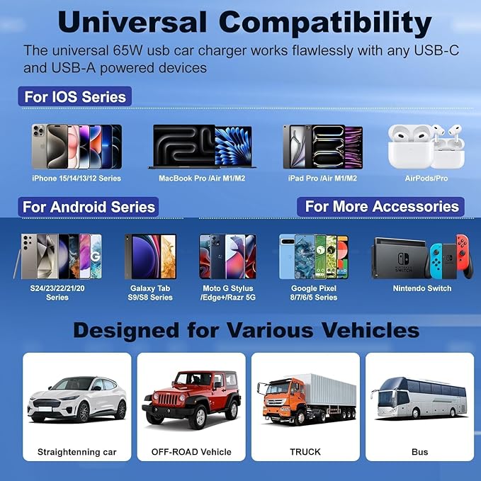 65W Car Phone Charger USB C, 5 Pack 4-Port Cigarette Lighter Adapter, 12V USB C Fast Car Charger Type C Car Adapter, Car Accessories for iPhone 17 16 15 14 13 12 Pro Max,Galaxy,Pixel,iPad,Android