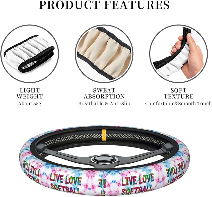 Live-Love-Softball Tie Dye Neoprene Steering Wheel Covers Women Men Car Accessories, Universal 15 Inch Fit Auto, Suvs, Truck