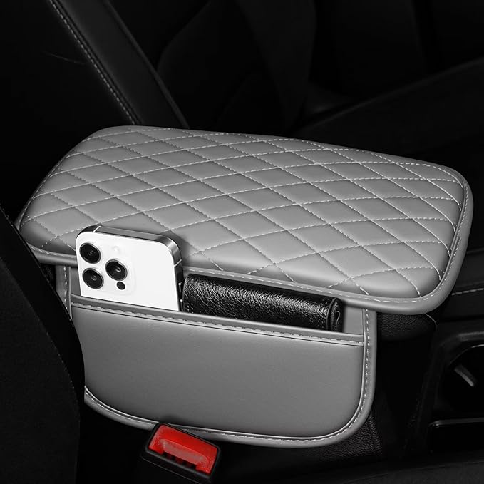 YORKNEIC Center Console Cover Fit for Lincoln Aviator Armrest Cover for Car with 2 Side Pockets Faux Leather Middle Console Cover (Grey)