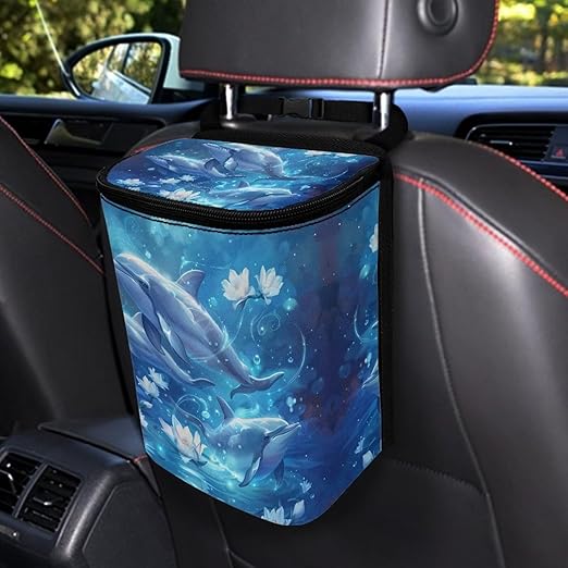 DISNIMO Floral Dolphin Car Trash Can with Lid Leakproof Dustbin Vehicle Trash Bin, Portable Garbage Bin for Automotive Car, Home, Office, Kitchen, Bedroom