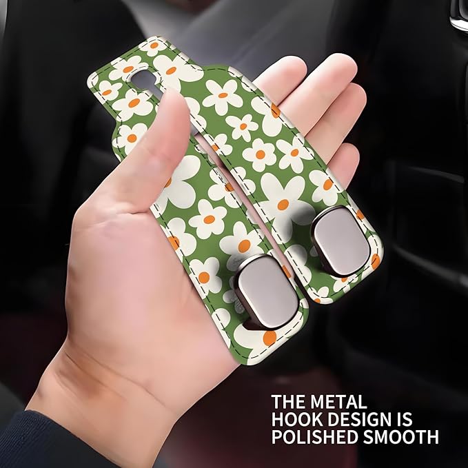 NUGGHU Car Seat Headrest Hook, Universal Leather Cute Hanger Holder Hook, Storage Organizer Interior Accessories for Purse Bags Handbag Cute Green Daisy