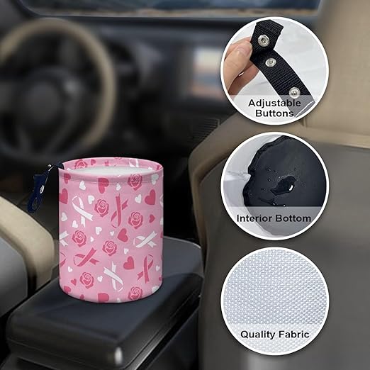 Breast Cancer Pink Ribbon Car Trash Bag, Car Trash Can - Cute, Portable, Collapsible for Back Seat, Floor, or Hanging Headrest Waste Basket