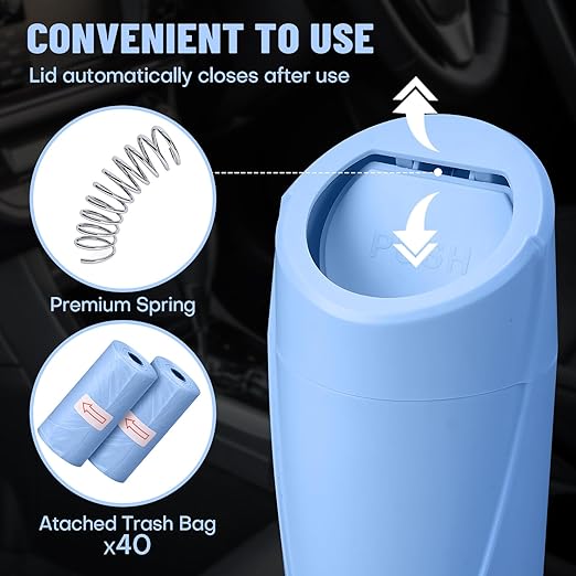 SGLRT Car Trash Can Bin with Lid - 2 Packs Car Garbage Can Cup Holder - Blue Mini Leakproof Vehicle Garbage Bin with 40pcs Trash Bags-Automobile Organizers and Storage for Front Back Seat Accessories