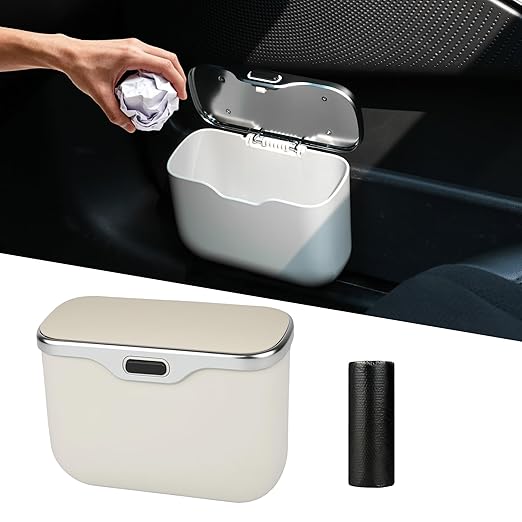 JEYODA - Automatic Push Button Car Trash Can with Secure Lid, Vehicle Garbage Bin (Beige)