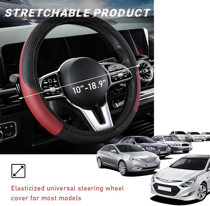 Car Steering Wheel Cover, 15 Inch Leather Breathable Auto Steering Wheel Protector, Comfortable Non-Slip Vehicle Steering Wheel Covers, Universal Interior Car Accessories (Wine Red, AD)