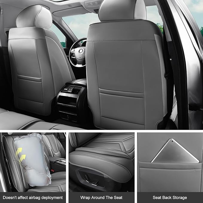 SCDOOCA Car Seat Covers Full Set Gray, Luxury Leather Car Seat Covers, Waterproof and Breathable Seat Covers, Universal Car Seat Protector Fit for Cars, Trucks, SUVs, Pick-ups (Gray, FullSet)