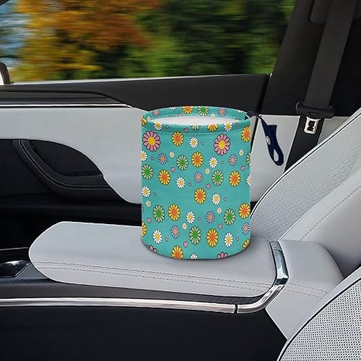 Brosoneto Hippie Flower Cute Print Car Trash Can Reusable Foldable Hanging Portable Dustbin Bin Waste Basket Car Accessories Interior for Car SUV Trucks Universal