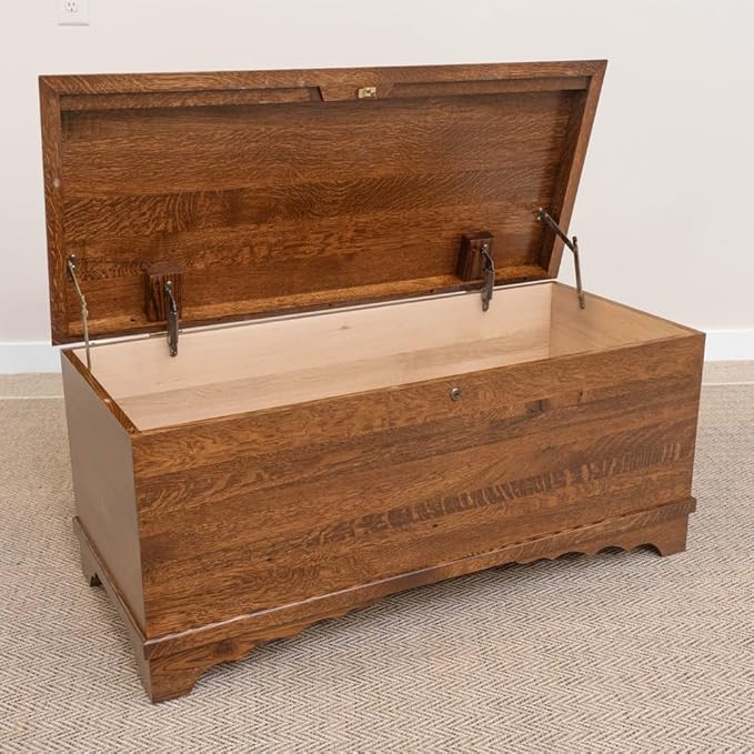 Rustic Red Door Co. Cedar Hope Chest with Waterfall Top, Amish Made Wooden Storage Trunk Box for Bedroom, Blanket, Clothes, Anti-Slam Hinges and Lock, 46", Rustic Quartersawn Oak Wood, Asbury Stain