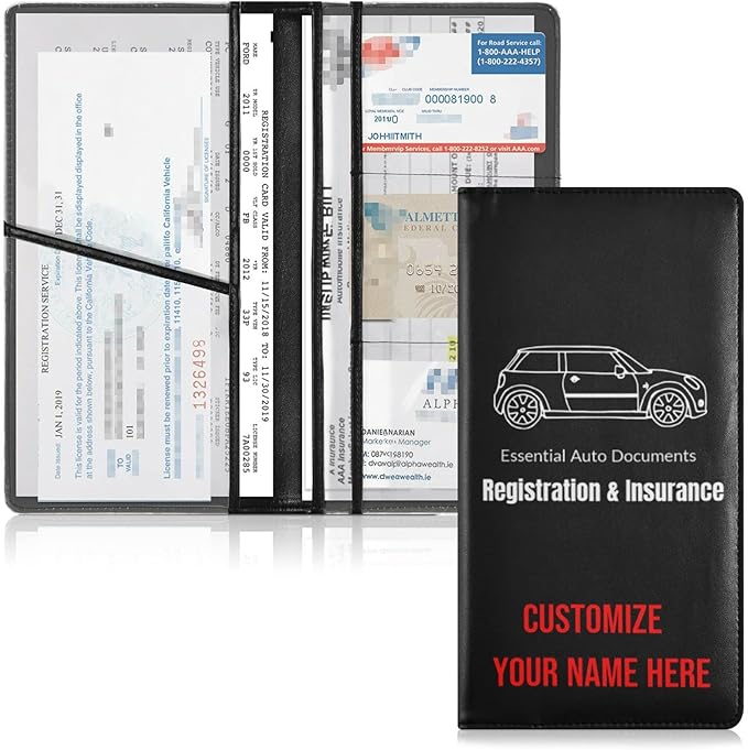 Caihoyu Custom Car Registration and Insurance Card Holder Personalized Leather Glove Box Organize Men Women Wallet Accessories Case for Cards, Essential Document Driver License Black
