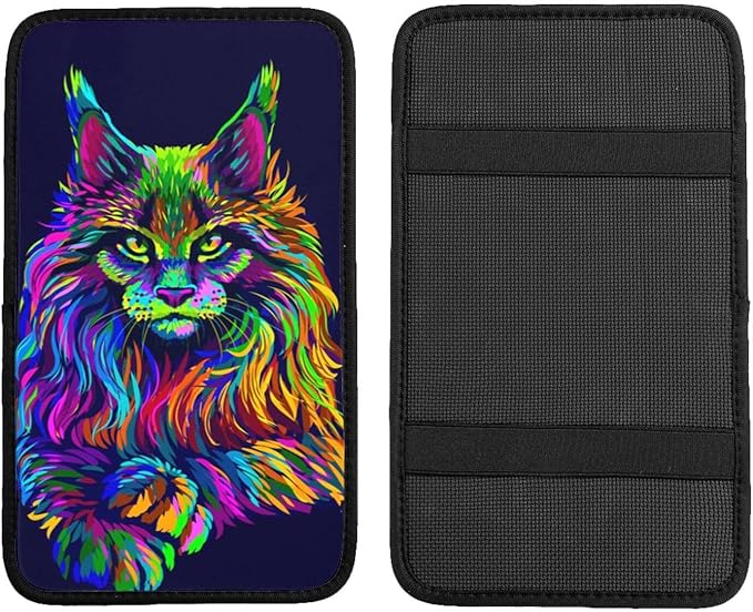 Neon-Colored Maine Coon Cat Portrait Universal Center Console Armrest Cover Pad Car Armrest Protector for Most Cars, Suvs & Trucks, Cushion with Easy Installation