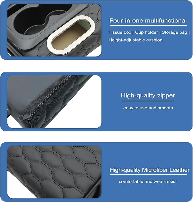 AOUTTUOA Universal Car Multifunctional Armrest Heightening Pad Microfiber Leather Black Multifunctional Car Armrest Cushion Storage Cup Holder Phone Storage Slot