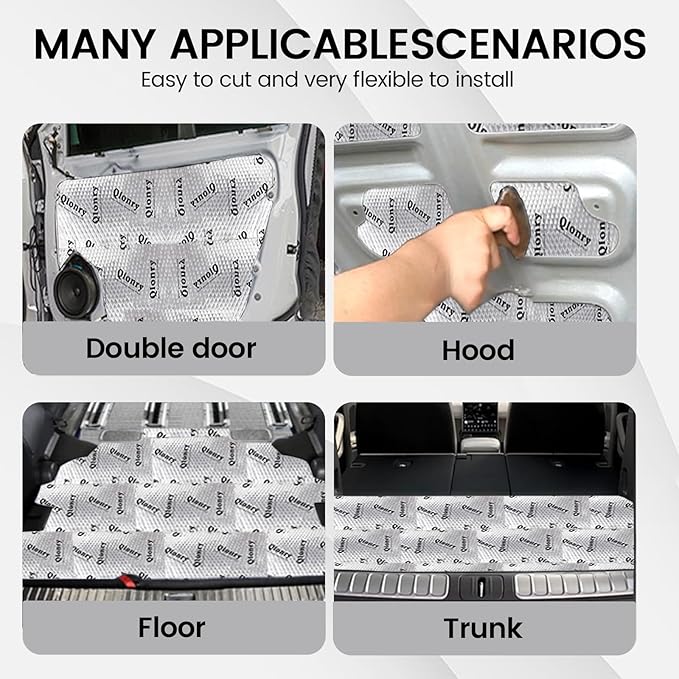 Qlonry Upgrade Car Sound Deadening Mat, 28 Pcs 80mil (2mm) 72 sqft (6.72 sqm) Butyl Automotive Sound Deadener, Noise Insulation and Vibration Dampening Material with Silicone Raised Gloves
