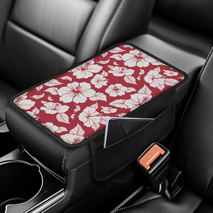 CLOHOMIN Red Hibiscus Car Armrest Cover with Pockets Floral Automotive Armrest Pad Polyester Car Center Console Armrest Cushion Cover Auto Accessories with Storage Pockets
