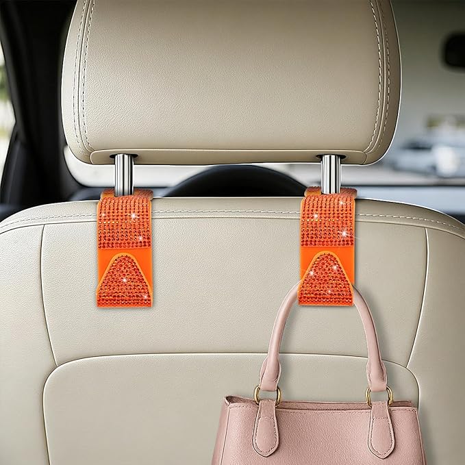 HZEL Bling Car Seat Headrest Hooks, 4PCS Crystal Rhinestone Vehicle Seat Back Hanger Holder for Purses Bag Handbags, Diamond Headrest Storage Organizer, Universal Auto Accessories (Orange)