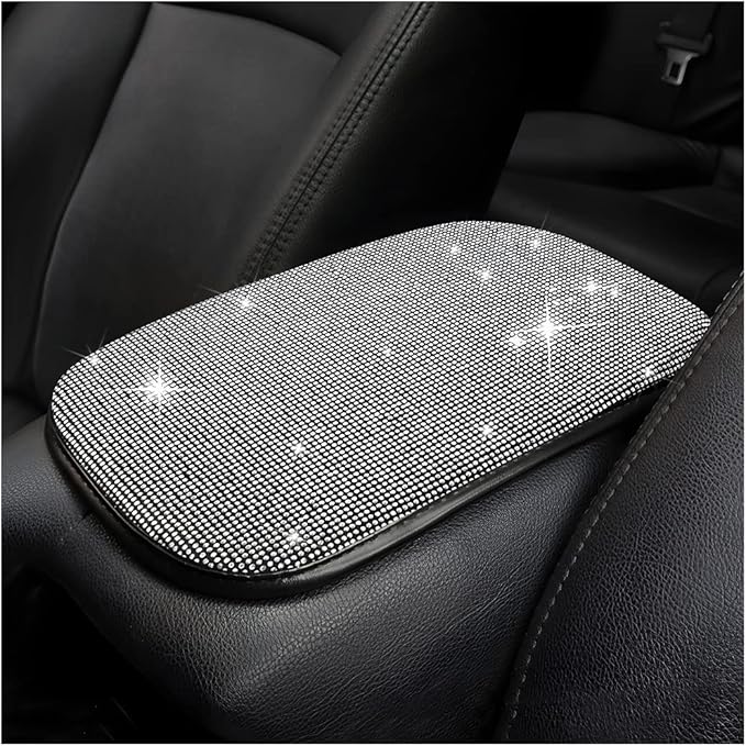 Bling Center Console Cover, Diamond Fashion ArmRest Pad, Crystal Soft Arm Rest Protective Cushion, Car Accessories for Women Girls, 11.8"×8.5" for Most of Vehicles, SUVs, Trucks (Black&White)