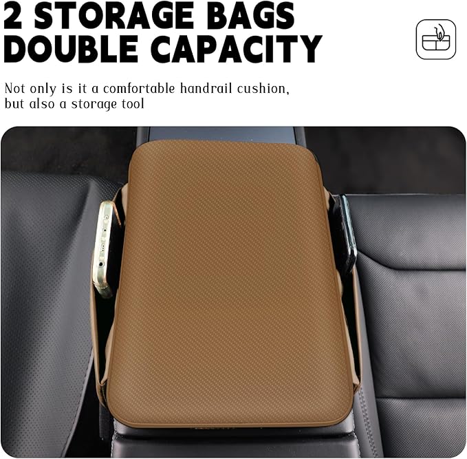 Car Armrest Cover Pad - Nappa Leather Car Center Console Cover with Breathable Holes, Non-Slip Auto Arm Rest Cushion, Universal Car Interior Accessories Fit forTesla Model Y Most Cars (Light Brown)