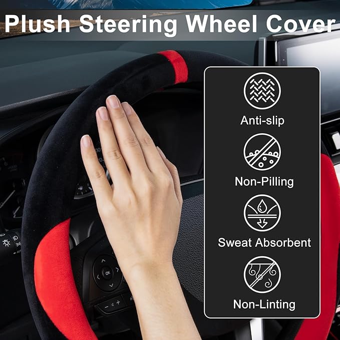 COFIT Plush Steering Wheel Cover Winter, Soft Warm Furry Grip Protector for Cars SUVs Trucks, Fits 14.5-15 Inch, Non-Slip Interior Accessory, Red