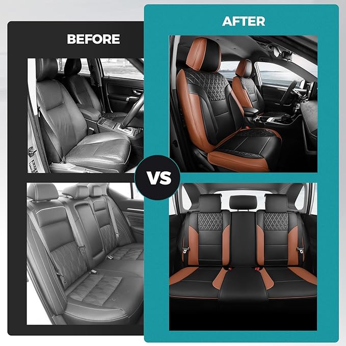 FEINEPRO Brown and Black Car Seat Covers Only Front 2pc - Breathable Faux Leather Universal Seat Covers for Cars, Automotive Protector Fit for Most Sedan SUV Pick-up Truck