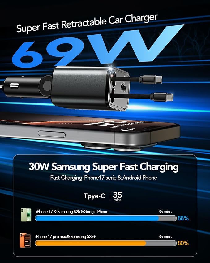 69W Fast Charging USB C Car Charger, 4-in-1 Retractable Phone Charger for iPhone 17, Travel Essentials, Gifts for Women Men, Car Accessories for Women Men, for iPhone 17 16 15 14 13, Galaxy, Pixel