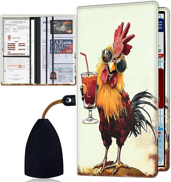 Car Registration and Insurance Card Holder for Women Men, Waterproof PU Leather Glove Box Car Organizer with Magnetic Shut, Vehicle Document Holder for Driver License,Cards, Chicken Drinking