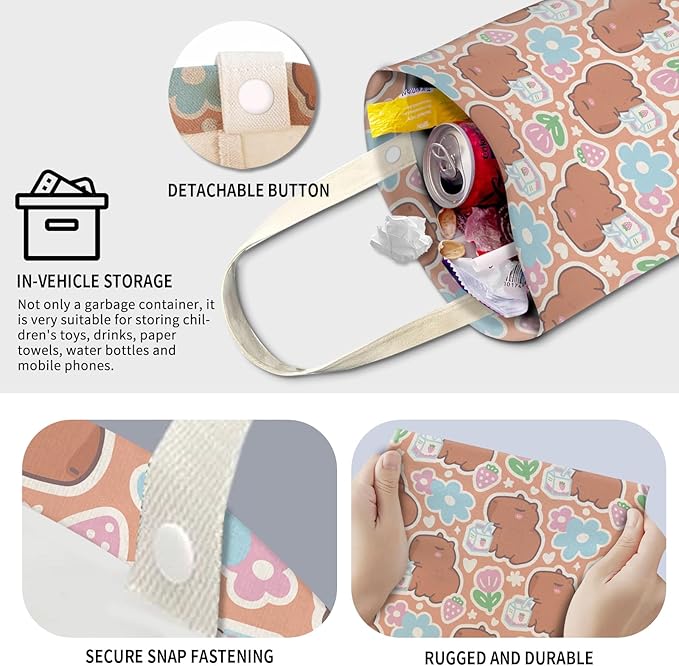 AXZOPDE Cute Car Trash Can, Hanging Canvas Car Back Seat Organizer and Storage Bag, Funny Car Trash Bag for Travelling, Outdoor Cute Brown Capybara