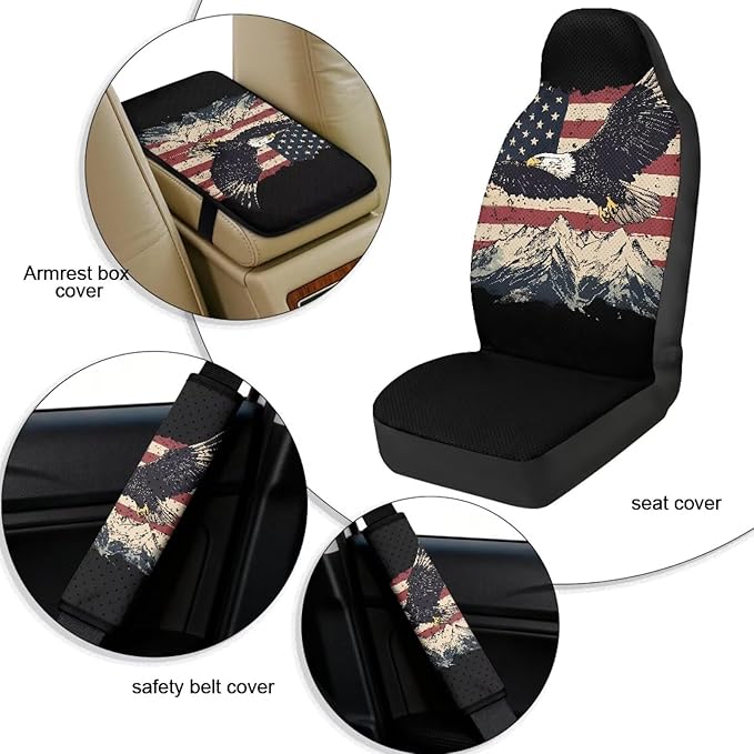 Qeluxign 5 Piece Car Seat Covers Set for Women Men PU Leather Seat Covers Belt Pads and Armrest Cover Universal Fit Car Accessories,American Flag Bald Eagle