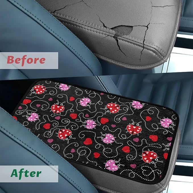 CLOHOMIN Cute Ladybug Car Arm Rest Covers Heart Auto Armrest Pad with Straps Warm Car Accessories Flannel Auto Center Console Armrest Cushion Cover Fit for Most Vehicles