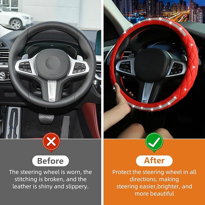 Diamond Steering Wheel Cover，with Bling Crystal Rhinestone, Delicate and Anti-Slip Sparkly Steering Wheel Cover ，Adaptable to 14.5-15 inches Car Wheel Protector for Women Girl，Car Accessories, Red