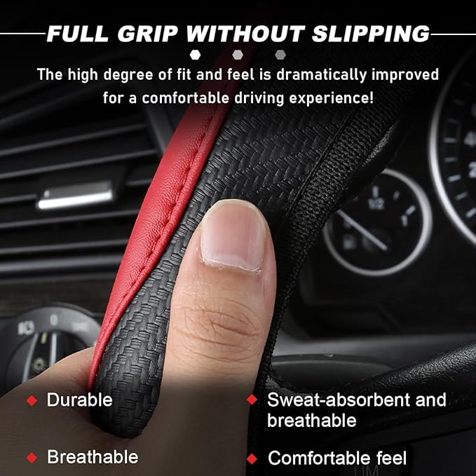 Car Steering Wheel Cover, 15 Inch Carbon Fiber Leather Stitching Color Steering Wheel Protector, Anti-Slip Elastic Breathable Steering Wheel Cover Stylish Decor for Most Cars (Black & Gray)