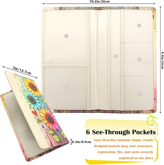 FinestHouse Car Registration and Insurance Holder with Magnetic Closure, Universal Document Organizer for License, Insurance Cards & Glove Box Storage (Sunflower-Colorful)