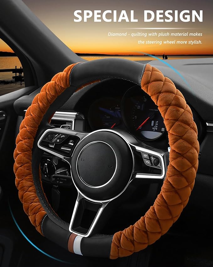 Cxtiy Universal Car Steering Wheel Cover Fluffy Winter Plush Steering Wheel Cover (A-Brown)