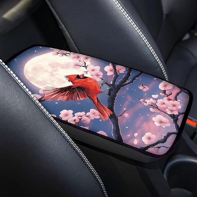 Cardinal Moon Print Armrest Cushion Cover for Car Cherry Blossom Print Car Center Console Armrest Cover Neoprene Car Arm Rest Pad