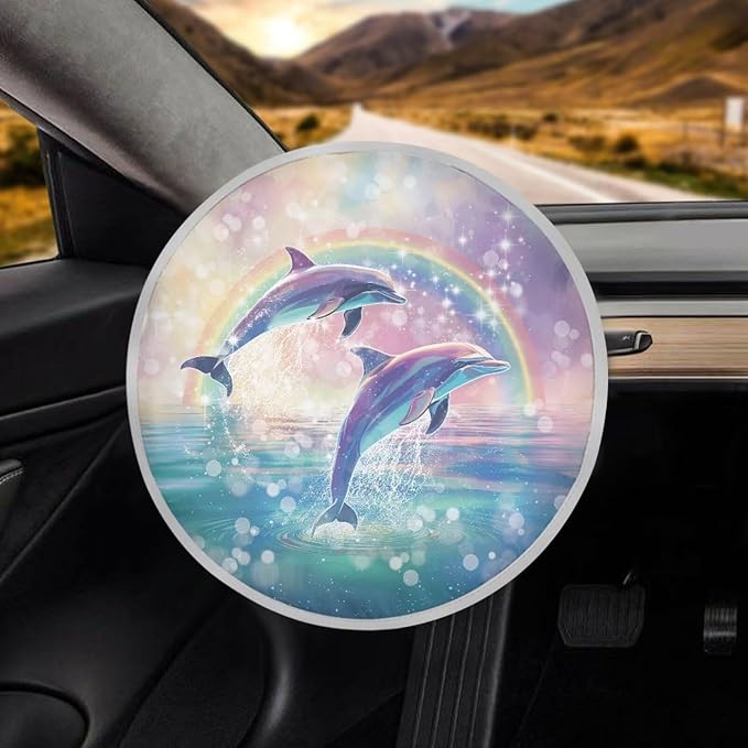 Rainbow Dolphin Sea Pattern Universal Car Steering Wheel Sun Shade Cover Fit Most SUV Truck Van Car Steering Wheel Sun Heat Shield Easy to Install Car Interior Accessories