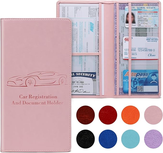 Peisicne Car Registration and Insurance Card Holder for Women Men, Pink Glove Box Paperwork Organizer with Magnetic Buckle for Easy Access and Protect Documents and Various Cards in Vehicle