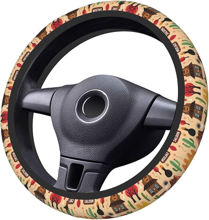 Cowboy Art Saloon Patttern Universal Fit Steering Wheel Cover for Car, Truck, and SUV, Durable Steering Wheel Protection