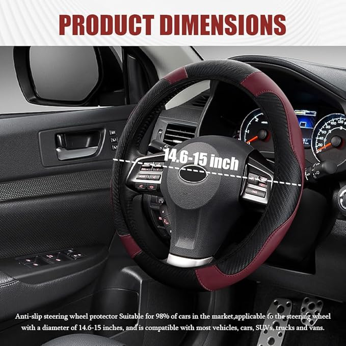 Car Steering Wheel Cover, Steering Wheel Protector, Universal 14.5-15 Inch Microfiber Leather Breathable Auto Steering Wheel Covers, Carbon Fiber Steering Wheel Cover for Women Men (Wine)