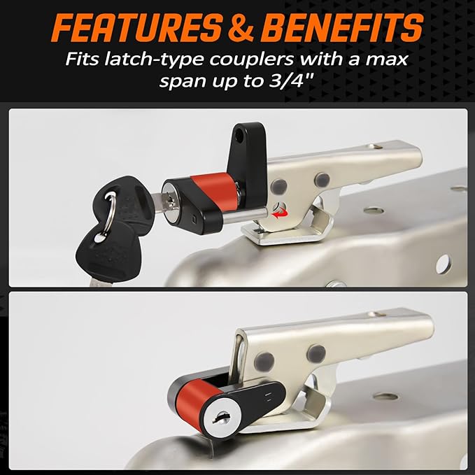 METOWARE Keyed Alike Trailer Coupler Lock, 1/4” Dia, 3/4” Span Heavy-Duty Steel Trailer Tongue Lock for Tow Boat RV Truck Car's Coupler with Anti-Rattle Rubber Rings (4 Pack)