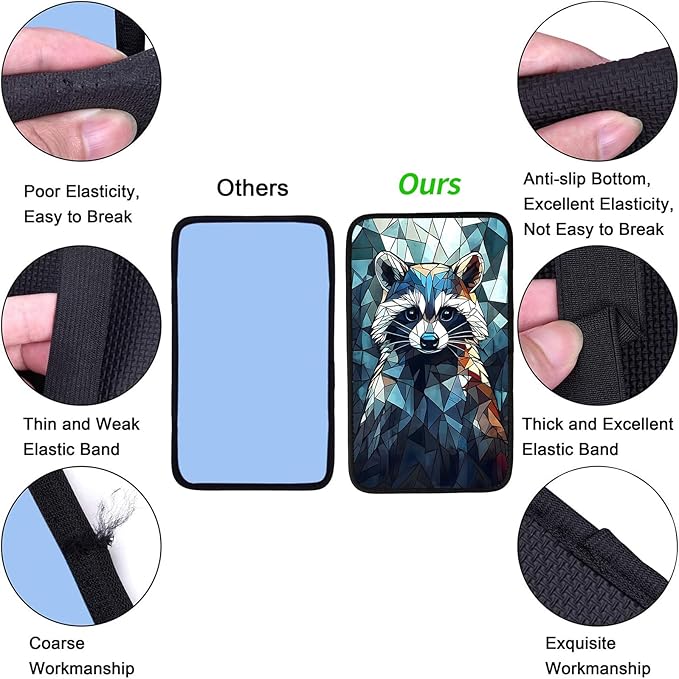 JANENFNA Car Armrest Cover Pads Universal Fashion Cute Auto Center Console Armrest Cover Pad with 2PCS Car Coasters Soft Waterproof Car Armrest Seat Protector for Women,Colored Glass Raccoon
