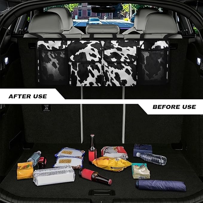 Car Trunk Organizer and Storage, Black Cow Print Car Organizer Keep the Car Clean and Tidy, Washable Car Organization Women Automotive Interior Accessories for SUV/MPV/Truck/Van/Sedan