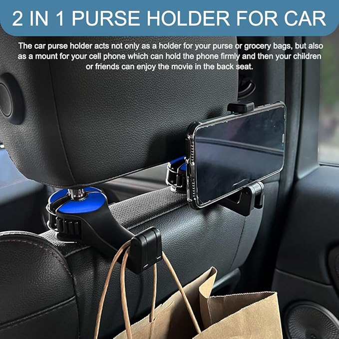 2PCS Car Headrest Hidden Hook, Bag Holder for Car, 2 in 1 Auto Seat Hooks with Phone Holder, 360° Rotation Adjustable Vehicle Back Seat Storage Hanger for Purses and Bags (Blue)